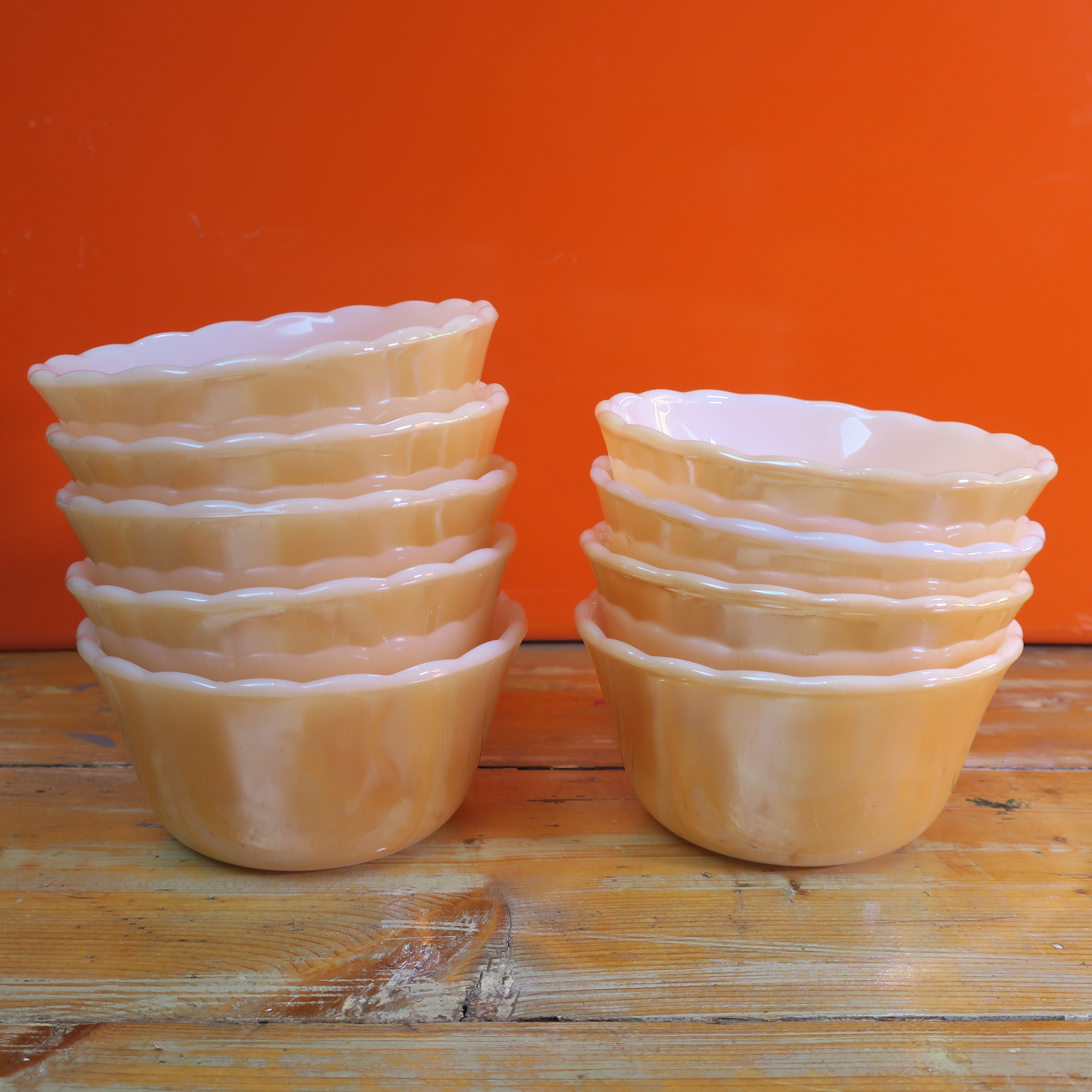 Fire King Peach Luster Custard Dessert Cups Bowl Scalloped Edge Vintage Lot of 2