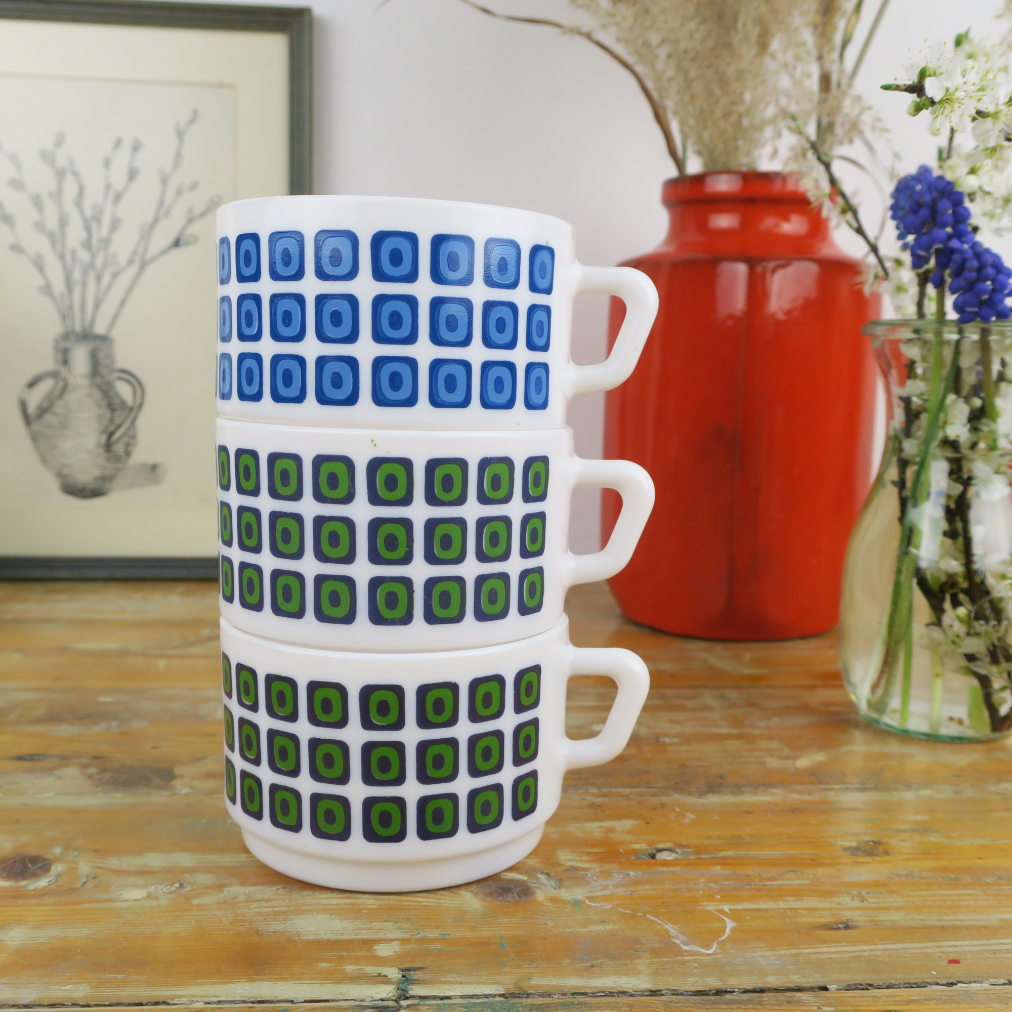 cup with round square pattern in blue and green Vintage Arcopal France soup cup set of 3