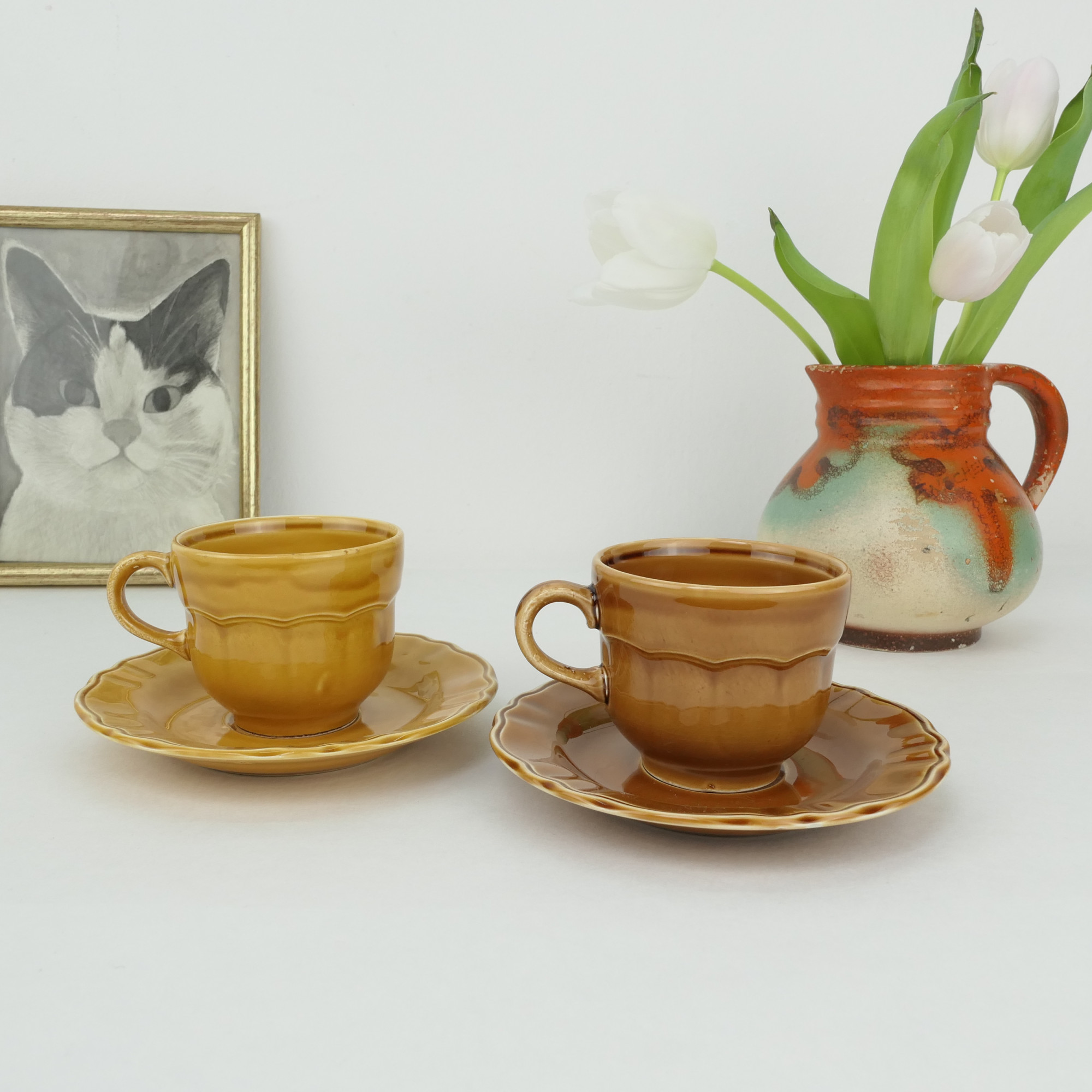 Groen rib Vermoorden Vintage kop en schotel, koffie kopje lichtbruin, amber van Pagnossin  Treviso Italy, set twee kopjes - Retroriek