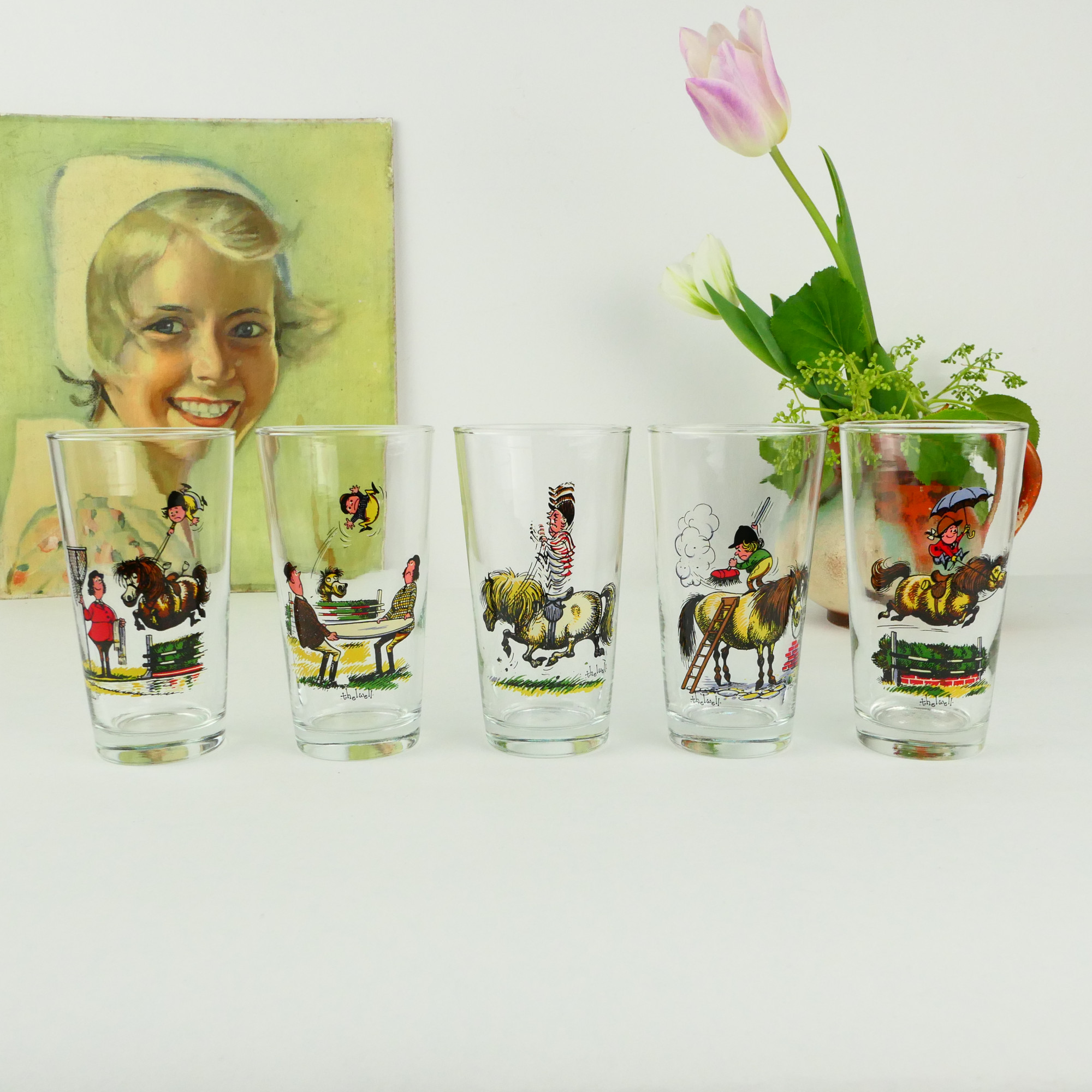 Vintage drinking glass long drink glass with pony cartoon image of  Thelwell, set of five glasses - Retroriek