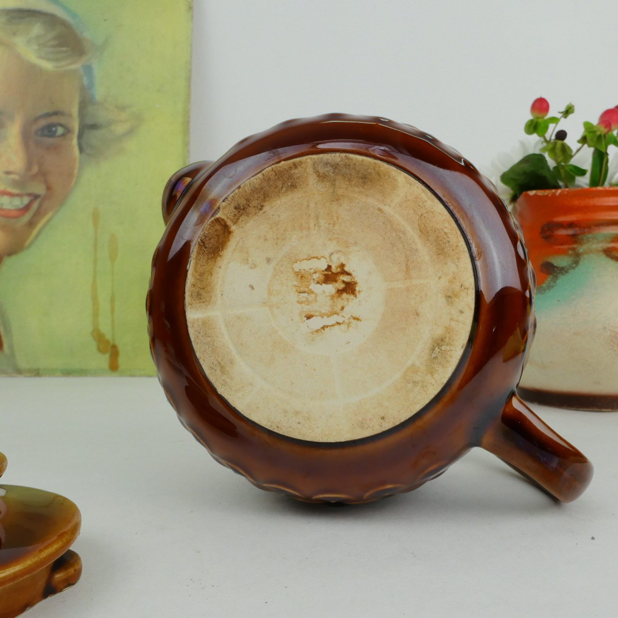 strottenhoofd Praktisch projector Vintage koffiepot klein van bruin keramiek met schubben patroon - Retroriek